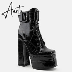 Aiertu Platform Ankle Boots For Women Lace Up Brand New Chunky Heel Fashion Sexy High Quality Shoes Buckle Autumn Popular New Aiertu
