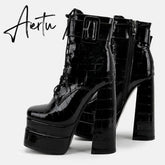 Aiertu Platform Ankle Boots For Women Lace Up Brand New Chunky Heel Fashion Sexy High Quality Shoes Buckle Autumn Popular New Aiertu