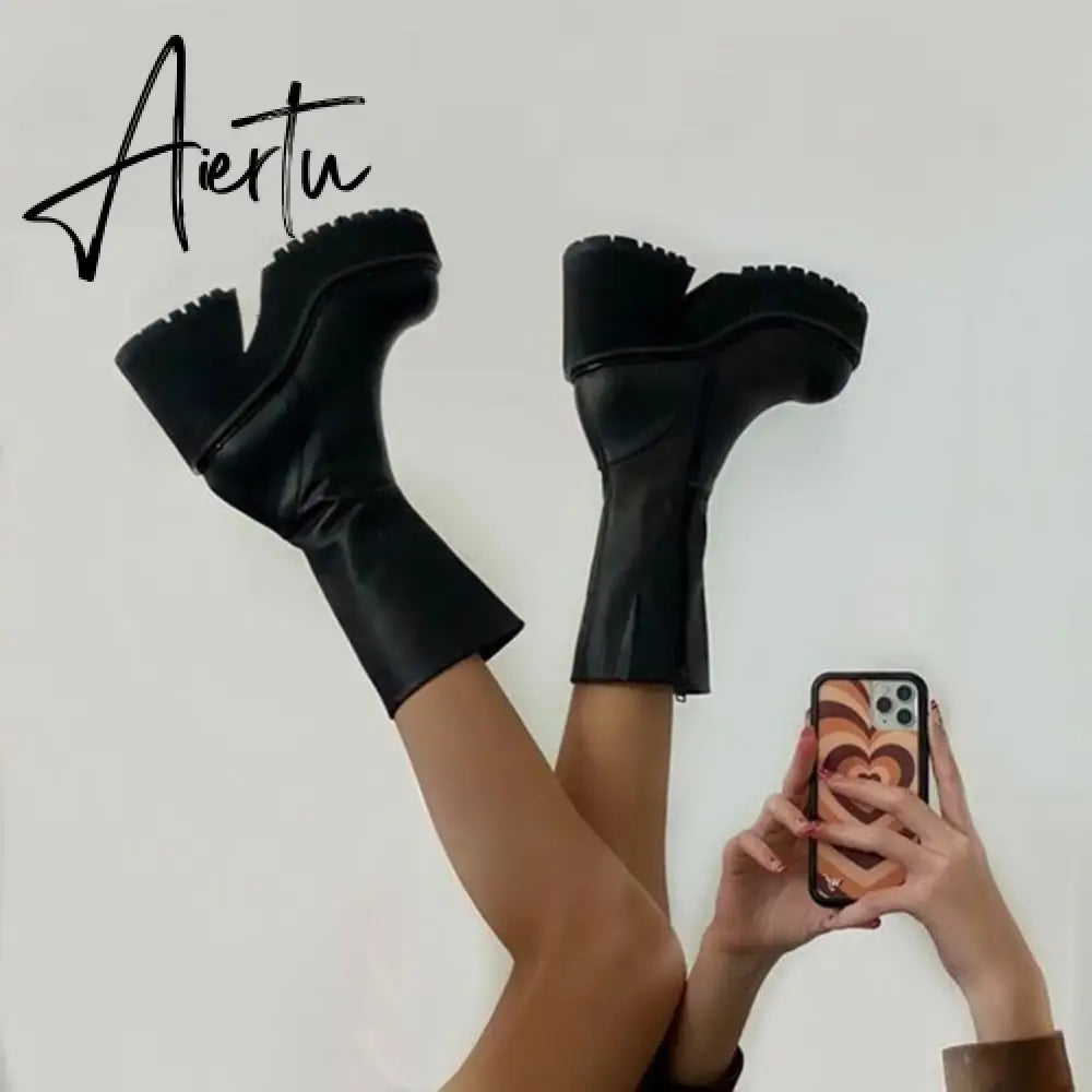 Aiertu Platform Ankle Boots Shoes For Women Goth Gothic Fashion Mid Calf Ankle Women's Boots Female Winter Brand INS Free Shipping Aiertu
