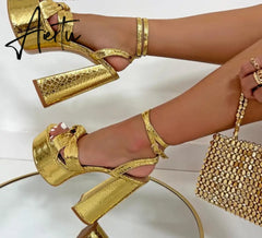 Aiertu Platform Sandals For Women Summer Gold Bow Knot High Block Heel Fashion Sexy Luxury Brand New Shoes Trendy Ankle Strap Aiertu