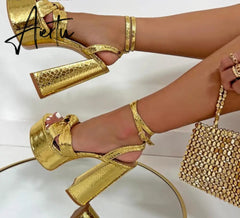 Aiertu Platform Sandals For Women Summer Gold Bow Knot High Block Heel Fashion Sexy Luxury Brand New Shoes Trendy Ankle Strap Aiertu