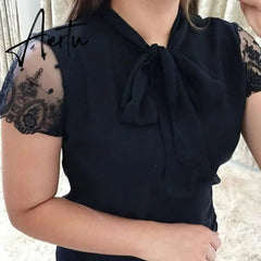 Aiertu Plus Size 5xl Elegant Lace Up Bow Tie Shirt Summer Short Sleeve Solid Color Chiffon Casual Blouse Office Lady Blusas Women Tops Aiertu