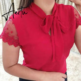 Aiertu Plus Size 5xl Elegant Lace Up Bow Tie Shirt Summer Short Sleeve Solid Color Chiffon Casual Blouse Office Lady Blusas Women Tops Aiertu
