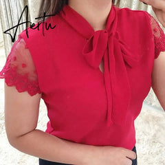 Aiertu Plus Size 5xl Elegant Lace Up Bow Tie Shirt Summer Short Sleeve Solid Color Chiffon Casual Blouse Office Lady Blusas Women Tops Aiertu