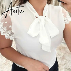 Aiertu Plus Size 5xl Elegant Lace Up Bow Tie Shirt Summer Short Sleeve Solid Color Chiffon Casual Blouse Office Lady Blusas Women Tops Aiertu