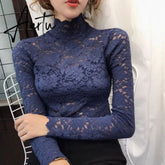 Aiertu Plus Size Women Lace Blouses Shirts Sexy Hollow Out Long Sleeve Solid Blouse Lady Elegant Floral Embroidery Elastic Shirt Tops Aiertu