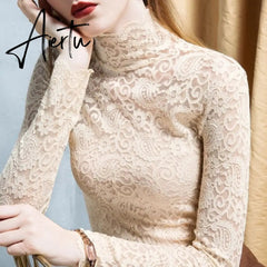 Aiertu Plus Size Women Lace Blouses Shirts Sexy Hollow Out Long Sleeve Solid Blouse Lady Elegant Floral Embroidery Elastic Shirt Tops Aiertu
