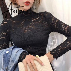 Aiertu Plus Size Women Lace Blouses Shirts Sexy Hollow Out Long Sleeve Solid Blouse Lady Elegant Floral Embroidery Elastic Shirt Tops Aiertu