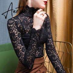 Aiertu Plus Size Women Lace Blouses Shirts Sexy Hollow Out Long Sleeve Solid Blouse Lady Elegant Floral Embroidery Elastic Shirt Tops Aiertu