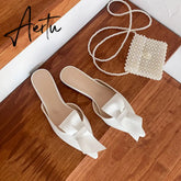 Aiertu Pointed flat bow slippers women summer wear Baotou half slippers new fashion lazy sandals women's shoes Aiertu