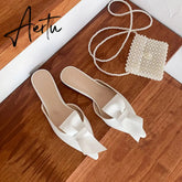 Aiertu Pointed flat bow slippers women summer wear Baotou half slippers new fashion lazy sandals women's shoes Aiertu