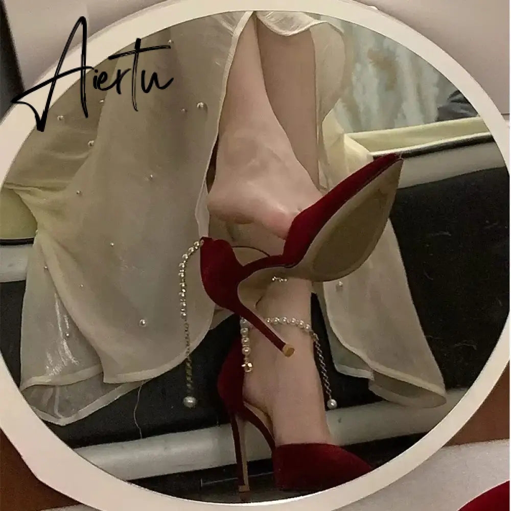 Aiertu Pointed Toe Fine High Heel Women's Shoes Metal Buckle Strap Sexy Women's Shoes Wedding Shoes Bridal Bridesmaid Shoes Red Heels Aiertu