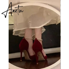 Aiertu Pointed Toe Fine High Heel Women's Shoes Metal Buckle Strap Sexy Women's Shoes Wedding Shoes Bridal Bridesmaid Shoes Red Heels Aiertu