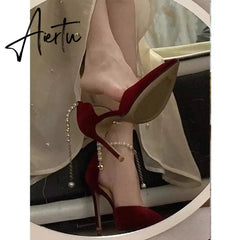 Aiertu Pointed Toe Fine High Heel Women's Shoes Metal Buckle Strap Sexy Women's Shoes Wedding Shoes Bridal Bridesmaid Shoes Red Heels Aiertu