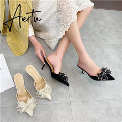 Aiertu Pointy Water Drill Fine Heel Women's Slippers Bun Bow High Heel Muller Shoe Girl Aiertu