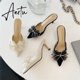 Aiertu Pointy Water Drill Fine Heel Women's Slippers Bun Bow High Heel Muller Shoe Girl Aiertu