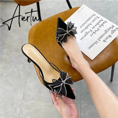 Aiertu Pointy Water Drill Fine Heel Women's Slippers Bun Bow High Heel Muller Shoe Girl Aiertu