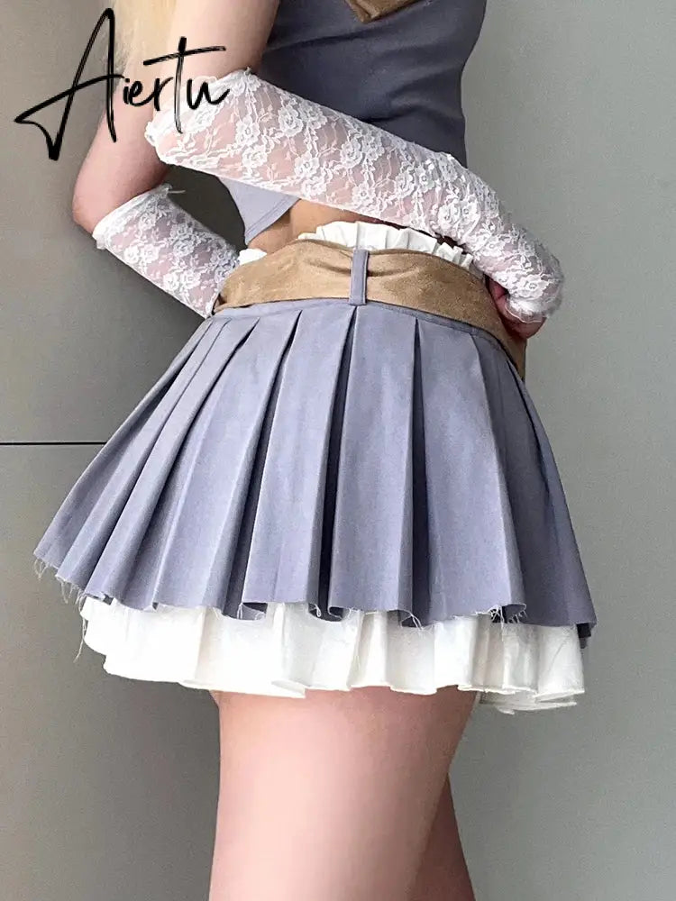 Aiertu Preppy Style Casual A-Line Pleated Skirt Withe Sashes Coquette Style Patchwork Mini Skirts Women Summer Fashion Aiertu