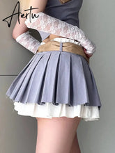 Aiertu Preppy Style Casual A-Line Pleated Skirt Withe Sashes Coquette Style Patchwork Mini Skirts Women Summer Fashion Aiertu
