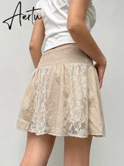 Aiertu Preppy Style Casual Patchwork Lace A-Line Skirt Solid Mid-Waisted Mini Skirts Women 2023 Summer Fashion Lady Streetwear Aiertu