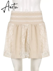 Aiertu Preppy Style Casual Patchwork Lace A-Line Skirt Solid Mid-Waisted Mini Skirts Women 2023 Summer Fashion Lady Streetwear Aiertu