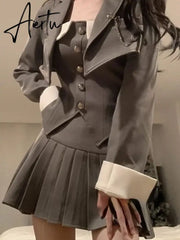 Aiertu Preppy Style Elegant 3 Piece Set Women Chic Patchwork Casual Blazer Skirt Suit Female Korean Fashion Design Sweet Sets 2024 New Aiertu
