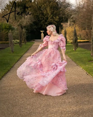 Aiertu Princess Pink Floral Print Tulle A-line Heart Shaped Neck Floor-Length Prom Dresses 2024 Aiertu