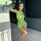 Aiertu Print Sleeveless Bodycon Halter Hollow Out Sexy Top Mini Dress Set Summer Women Fashion Streetwear Outfits Y2K Aiertu
