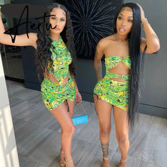 Aiertu Print Sleeveless Bodycon Halter Hollow Out Sexy Top Mini Dress Set Summer Women Fashion Streetwear Outfits Y2K Aiertu