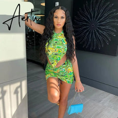 Aiertu Print Sleeveless Bodycon Halter Hollow Out Sexy Top Mini Dress Set Summer Women Fashion Streetwear Outfits Y2K Aiertu