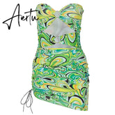 Aiertu Print Sleeveless Bodycon Halter Hollow Out Sexy Top Mini Dress Set Summer Women Fashion Streetwear Outfits Y2K Aiertu