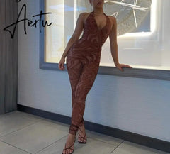 Aiertu Print Sleeveless Halter Backless Jumpsuit Pants Set Summer Women Fashion Streetwear Outfits Y2K Robe Kpytomoa Aiertu