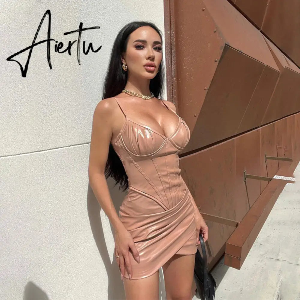 Aiertu Pu Bodycon Slip Sleeveless Backless Pleated Patchwork Streetwear Backless Sexy Mini Dress Women Summer Autumn Y2K Aiertu