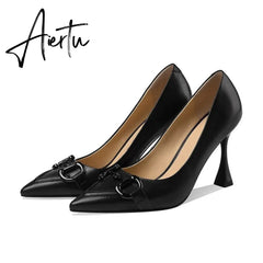 Aiertu Pumps Women Genuine Leather Pointed Toe Emerald Green Stiletto High Heels Spring Bride Shoes Party Wedding Shoes Aiertu