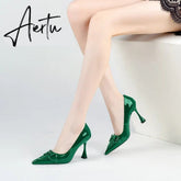 Aiertu Pumps Women Genuine Leather Pointed Toe Emerald Green Stiletto High Heels Spring Bride Shoes Party Wedding Shoes Aiertu