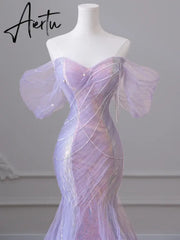 Aiertu Purple Laser Sequin Beaded Mermaid Women Evening Dress with Puff Sleeves Tassel Pearls Tulle Train Prom Gown Aiertu