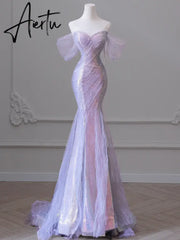 Aiertu Purple Laser Sequin Beaded Mermaid Women Evening Dress with Puff Sleeves Tassel Pearls Tulle Train Prom Gown Aiertu