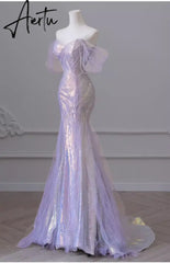 Aiertu Purple Laser Sequin Beaded Mermaid Women Evening Dress with Puff Sleeves Tassel Pearls Tulle Train Prom Gown Aiertu