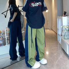 Aiertu Quick Drying Rushing Sweatpants Women American Retro Casual Color Blocking Outdoor Loose Wide Leg Green Pants Tide Running Pants Aiertu