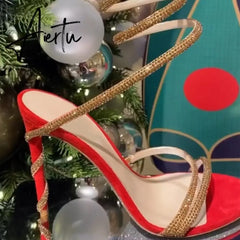 Aiertu Red\Black\White Serpentine Winding Crystal Sandals Women Rhinestones Ankle Laces Stiletto Summer Pump Luxury New Party Fit Shoes Aiertu