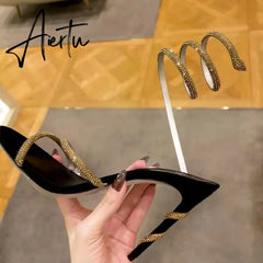Aiertu Red\Black\White Serpentine Winding Crystal Sandals Women Rhinestones Ankle Laces Stiletto Summer Pump Luxury New Party Fit Shoes Aiertu