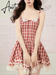 Aiertu Red Plaid France Vintage Dress Women Bow Lace Kawaii Elegant Party Mini Dress Korean Sweet Beach Strap Dress Female Summer Aiertu