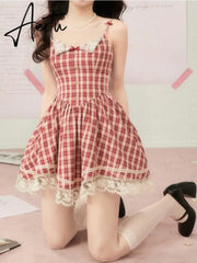 Aiertu Red Plaid France Vintage Dress Women Bow Lace Kawaii Elegant Party Mini Dress Korean Sweet Beach Strap Dress Female Summer Aiertu