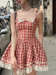 Aiertu Red Plaid France Vintage Dress Women Bow Lace Kawaii Elegant Party Mini Dress Korean Sweet Beach Strap Dress Female Summer Aiertu
