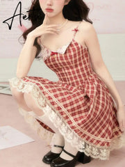 Aiertu Red Plaid France Vintage Dress Women Bow Lace Kawaii Elegant Party Mini Dress Korean Sweet Beach Strap Dress Female Summer Aiertu