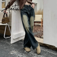 Aiertu Retro Blue Baggy Jeans Women's Washed Distressed Straight Denim Pants Fashion Autumn Loose Wide-leg Trousers Female Pantaloons Aiertu
