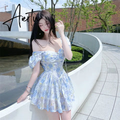 Aiertu Retro Chic Floral Dress Women's Summer Square Collar Dresses High Waist Short Sleeved A-line Party Slim Mini Dress Vestidos Aiertu