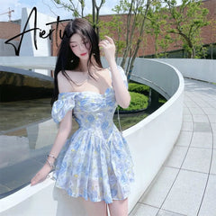 Aiertu Retro Chic Floral Dress Women's Summer Square Collar Dresses High Waist Short Sleeved A-line Party Slim Mini Dress Vestidos Aiertu