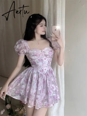 Aiertu Retro Chic Floral Dress Women's Summer Square Collar Dresses High Waist Short Sleeved A-line Party Slim Mini Dress Vestidos Aiertu