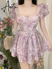 Aiertu Retro Chic Floral Dress Women's Summer Square Collar Dresses High Waist Short Sleeved A-line Party Slim Mini Dress Vestidos Aiertu